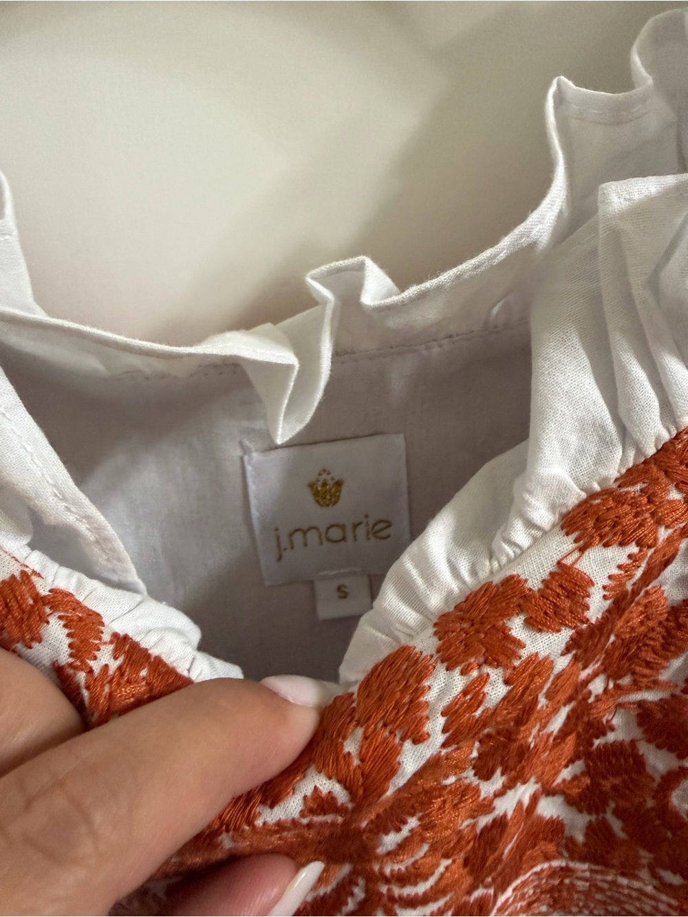 j.marie White dress with Rust Orange Embroidered Detail